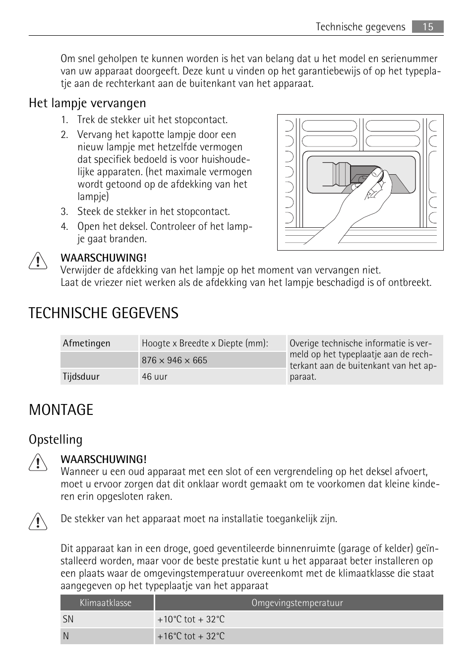 Technische gegevens, Montage, Het lampje vervangen | Opstelling | AEG A93100GNW0 User Manual | Page 15 / 64