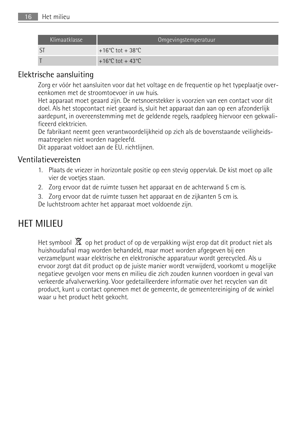 Het milieu, Elektrische aansluiting, Ventilatievereisten | AEG A93100GNW0 User Manual | Page 16 / 64