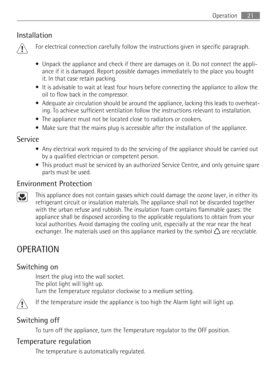 Operation, Installation, Service | Environment protection, Switching on, Switching off, Temperature regulation | AEG A93100GNW0 User Manual | Page 21 / 64