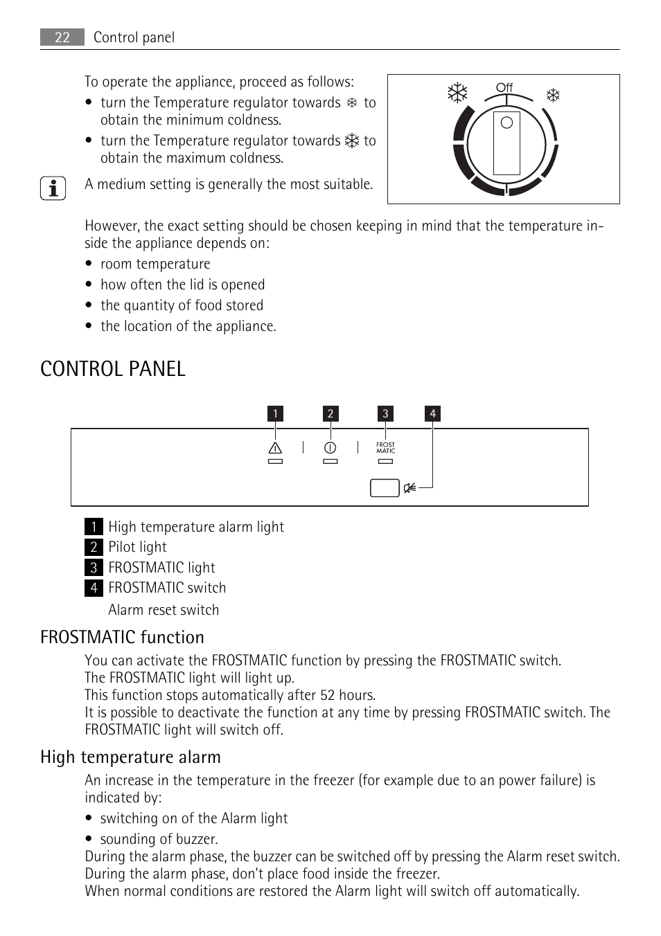 Control panel, Frostmatic function, High temperature alarm | AEG A93100GNW0 User Manual | Page 22 / 64