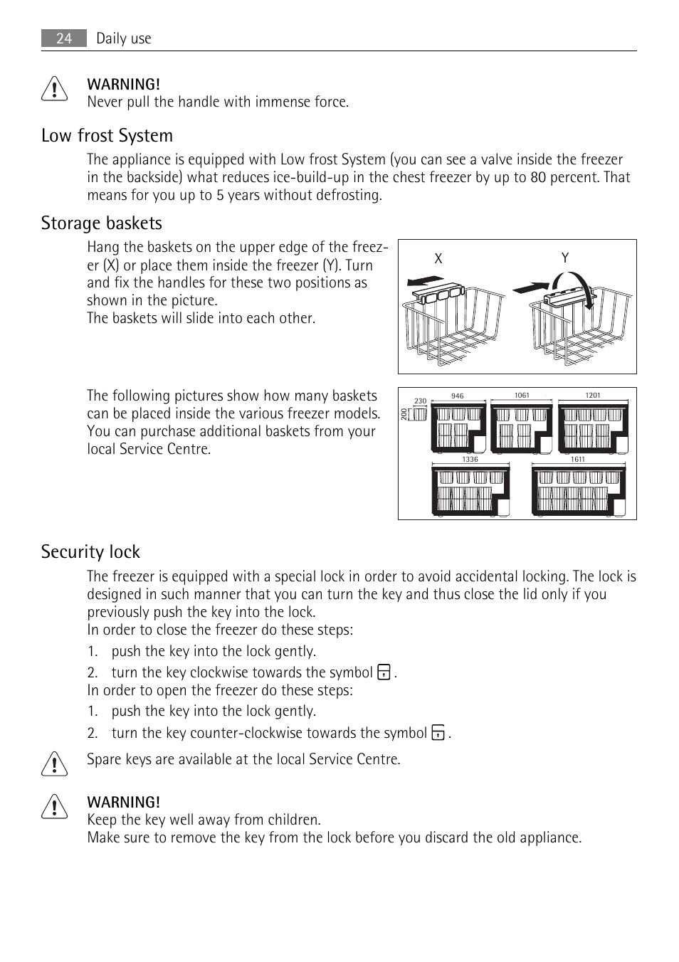 Low frost system, Storage baskets, Security lock | AEG A93100GNW0 User Manual | Page 24 / 64