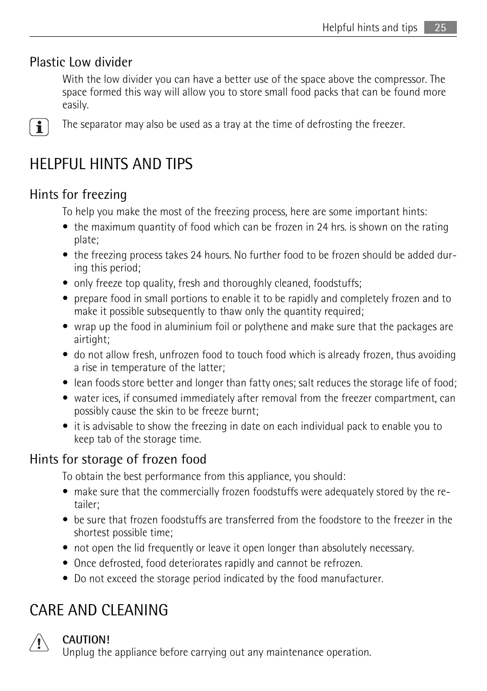 Helpful hints and tips, Care and cleaning, Plastic low divider | Hints for freezing, Hints for storage of frozen food | AEG A93100GNW0 User Manual | Page 25 / 64