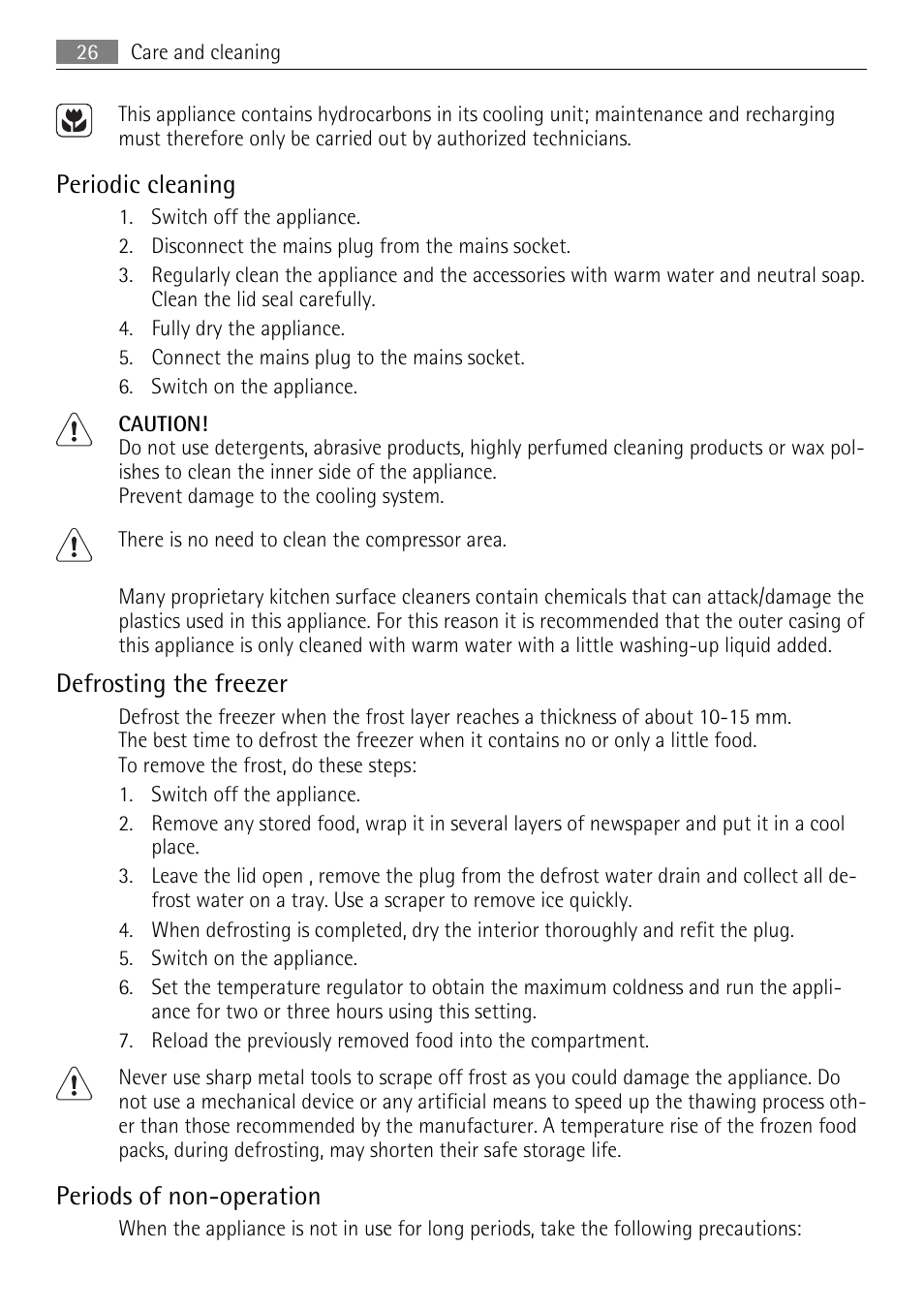Periodic cleaning, Defrosting the freezer, Periods of non-operation | AEG A93100GNW0 User Manual | Page 26 / 64