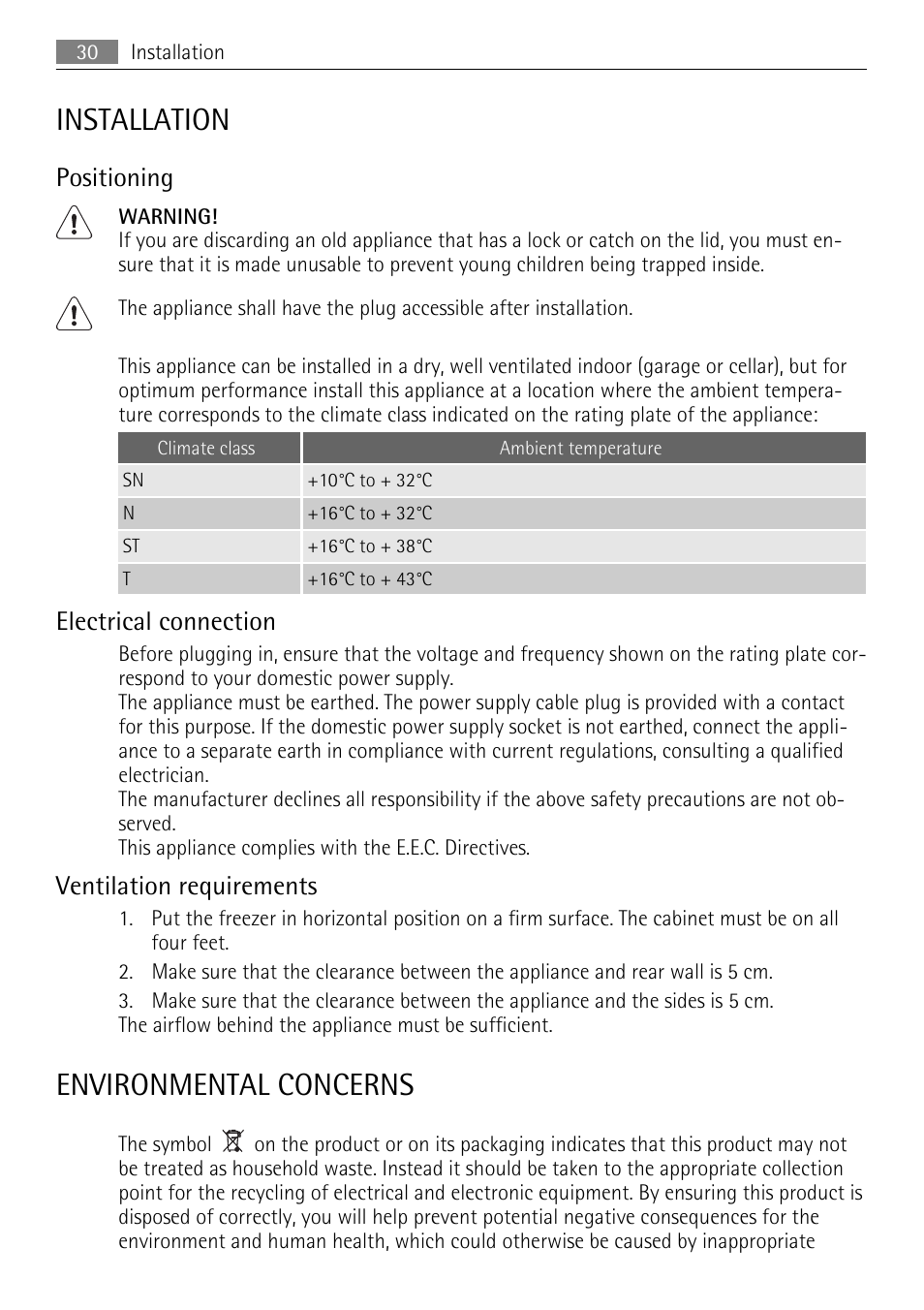 Installation, Environmental concerns, Positioning | Electrical connection, Ventilation requirements | AEG A93100GNW0 User Manual | Page 30 / 64