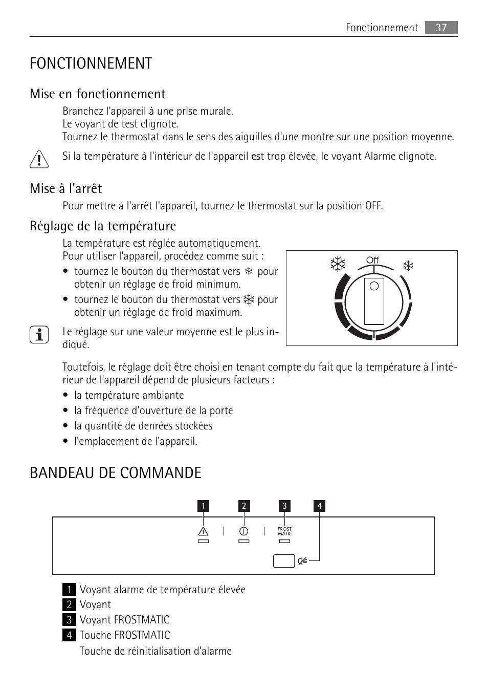 Fonctionnement, Bandeau de commande, Mise en fonctionnement | Mise à l'arrêt, Réglage de la température | AEG A93100GNW0 User Manual | Page 37 / 64