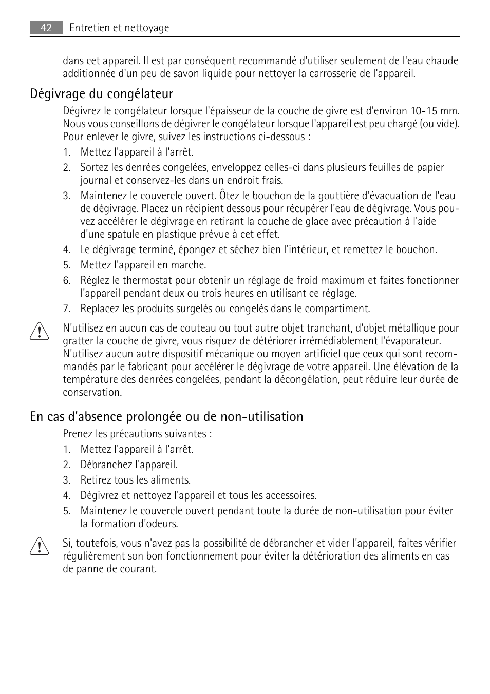 Dégivrage du congélateur, En cas d'absence prolongée ou de non-utilisation | AEG A93100GNW0 User Manual | Page 42 / 64