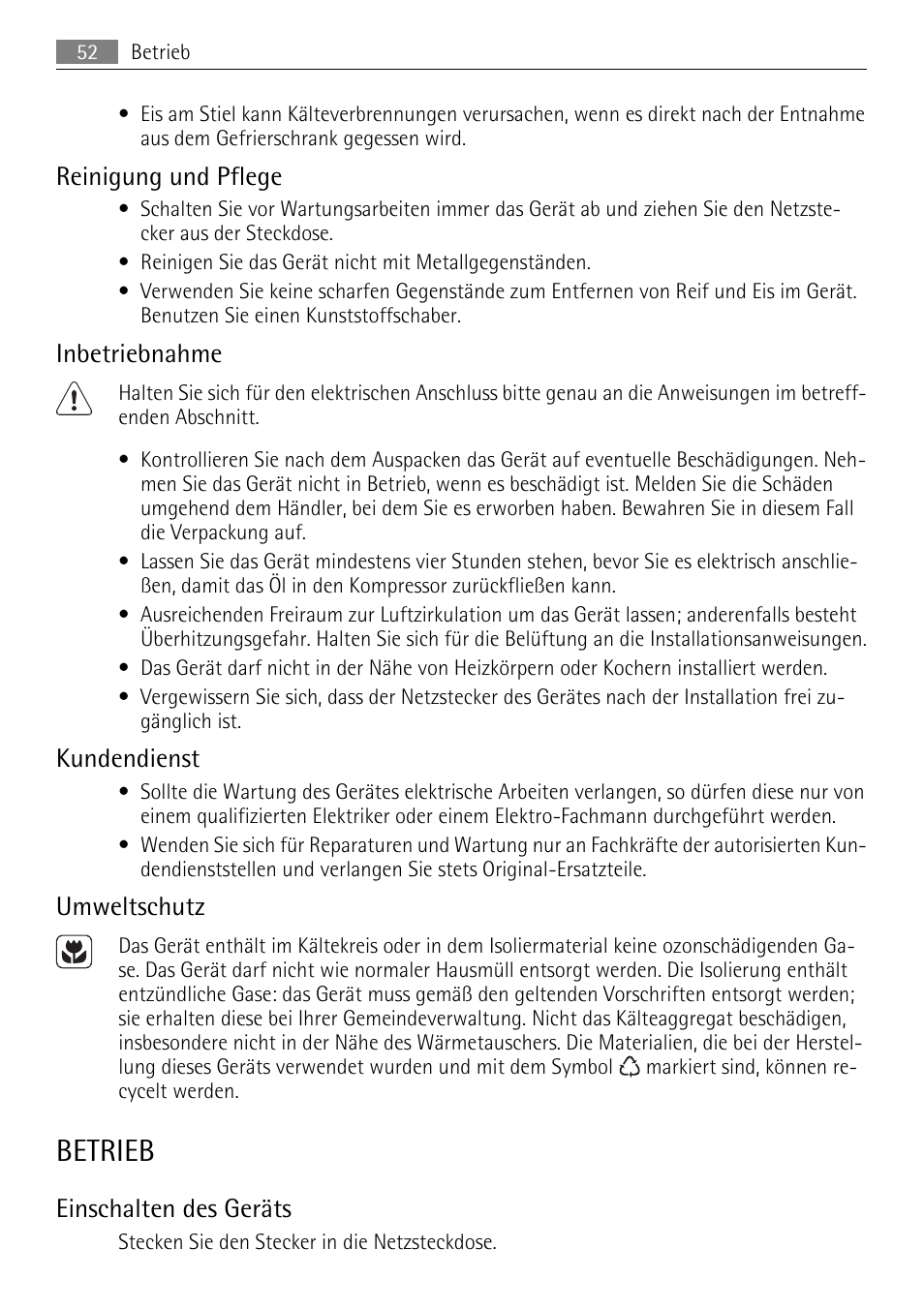 Betrieb, Reinigung und pflege, Inbetriebnahme | Kundendienst, Umweltschutz, Einschalten des geräts | AEG A93100GNW0 User Manual | Page 52 / 64
