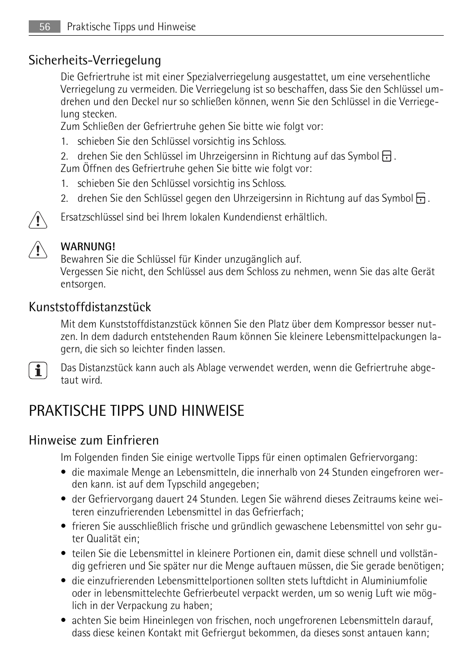 Praktische tipps und hinweise, Sicherheits-verriegelung, Kunststoffdistanzstück | Hinweise zum einfrieren | AEG A93100GNW0 User Manual | Page 56 / 64