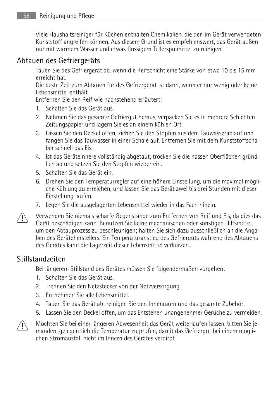 Abtauen des gefriergeräts, Stillstandzeiten | AEG A93100GNW0 User Manual | Page 58 / 64