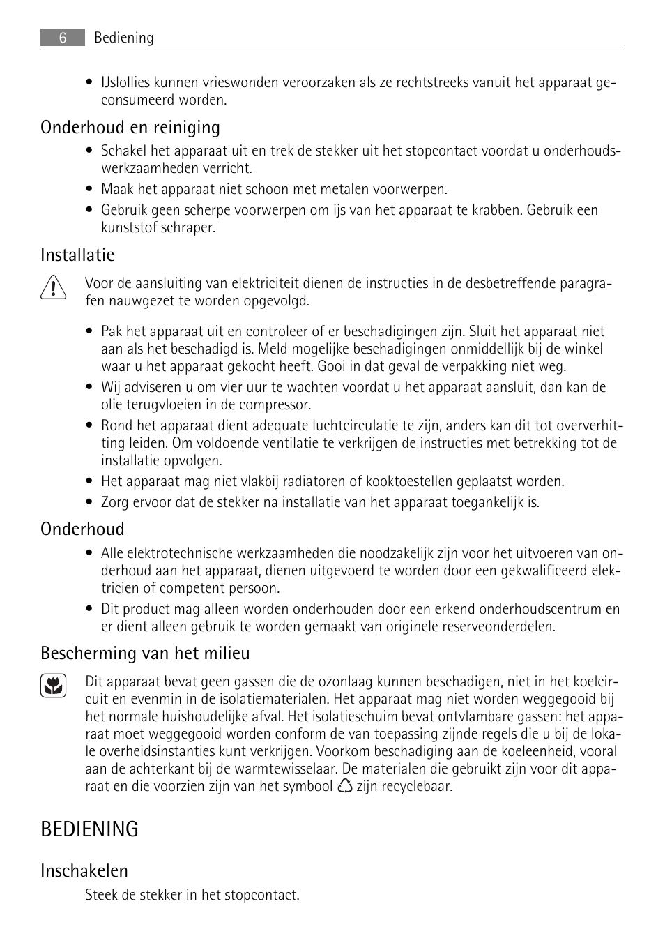 Bediening, Onderhoud en reiniging, Installatie | Onderhoud, Bescherming van het milieu, Inschakelen | AEG A93100GNW0 User Manual | Page 6 / 64