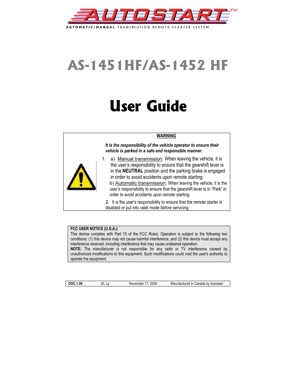 Autostart AS-1452 HF User Manual | 10 pages