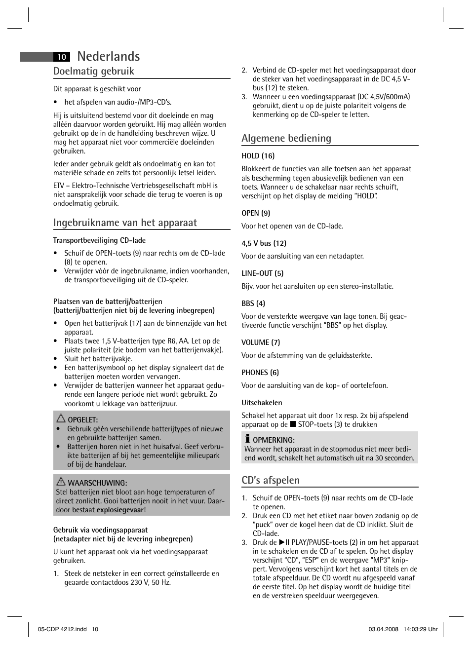 Nederlands, Doelmatig gebruik, Ingebruikname van het apparaat | Algemene bediening, Cd’s afspelen | AEG CDP 4212 User Manual | Page 10 / 54