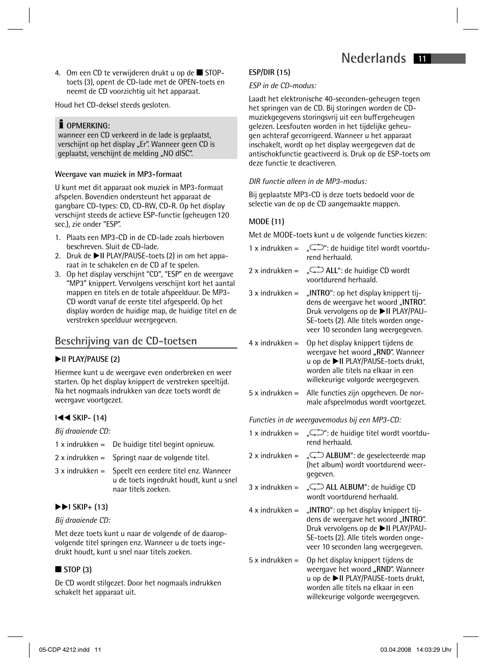 Nederlands, Beschrijving van de cd-toetsen | AEG CDP 4212 User Manual | Page 11 / 54