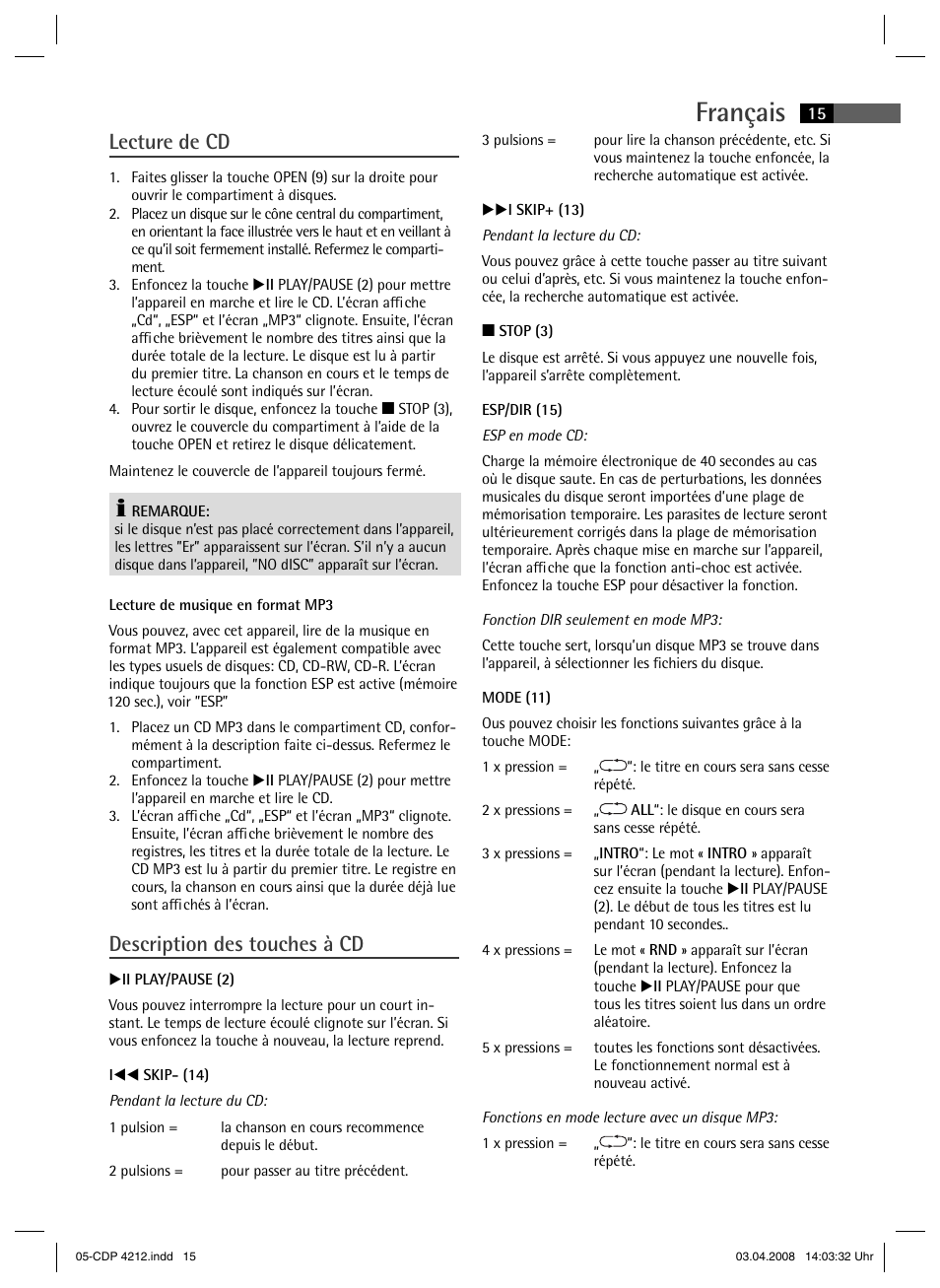 Français, Lecture de cd, Description des touches à cd | AEG CDP 4212 User Manual | Page 15 / 54