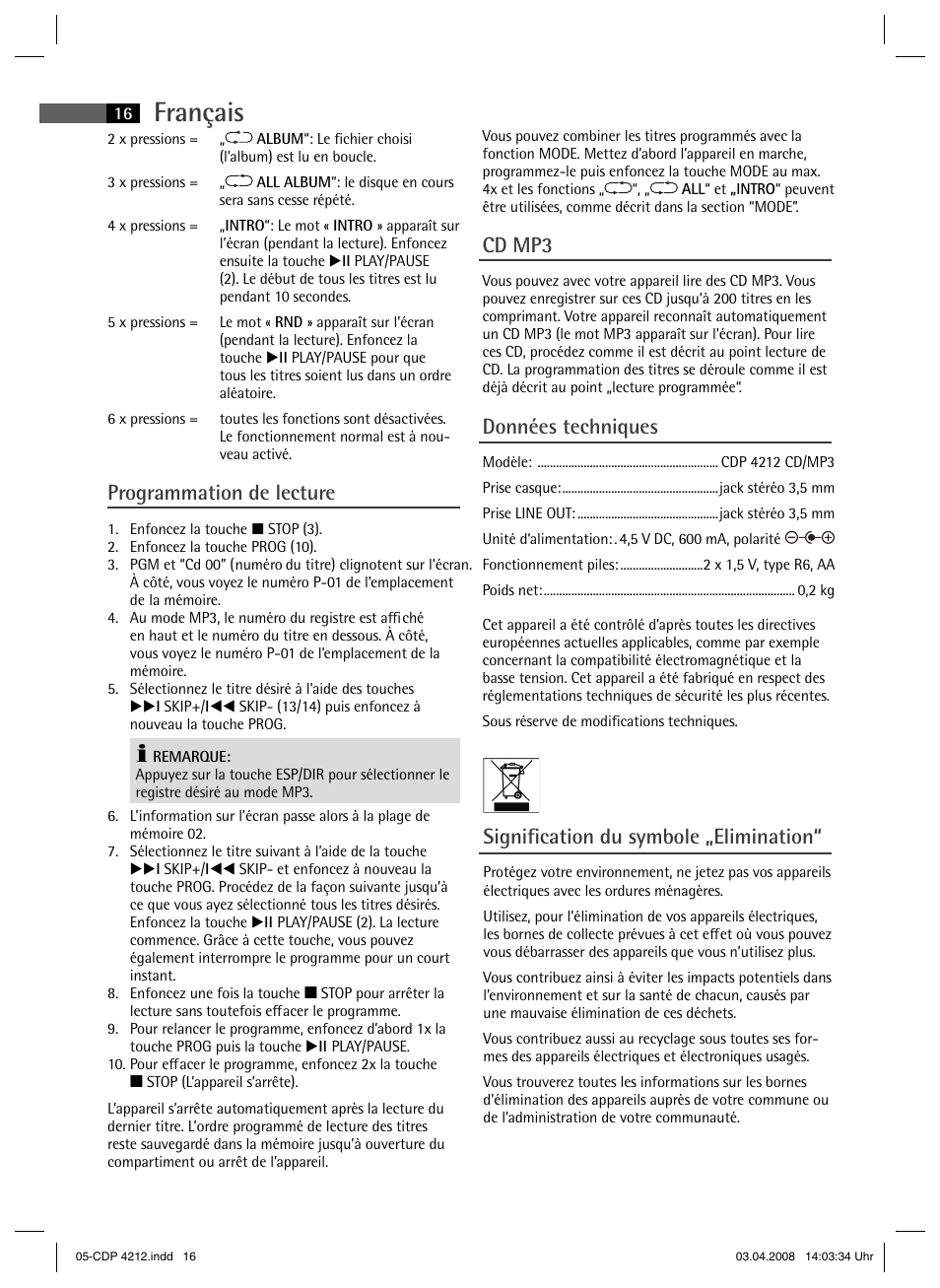 Français, Programmation de lecture, Cd mp3 | Données techniques, Signifi cation du symbole „elimination | AEG CDP 4212 User Manual | Page 16 / 54