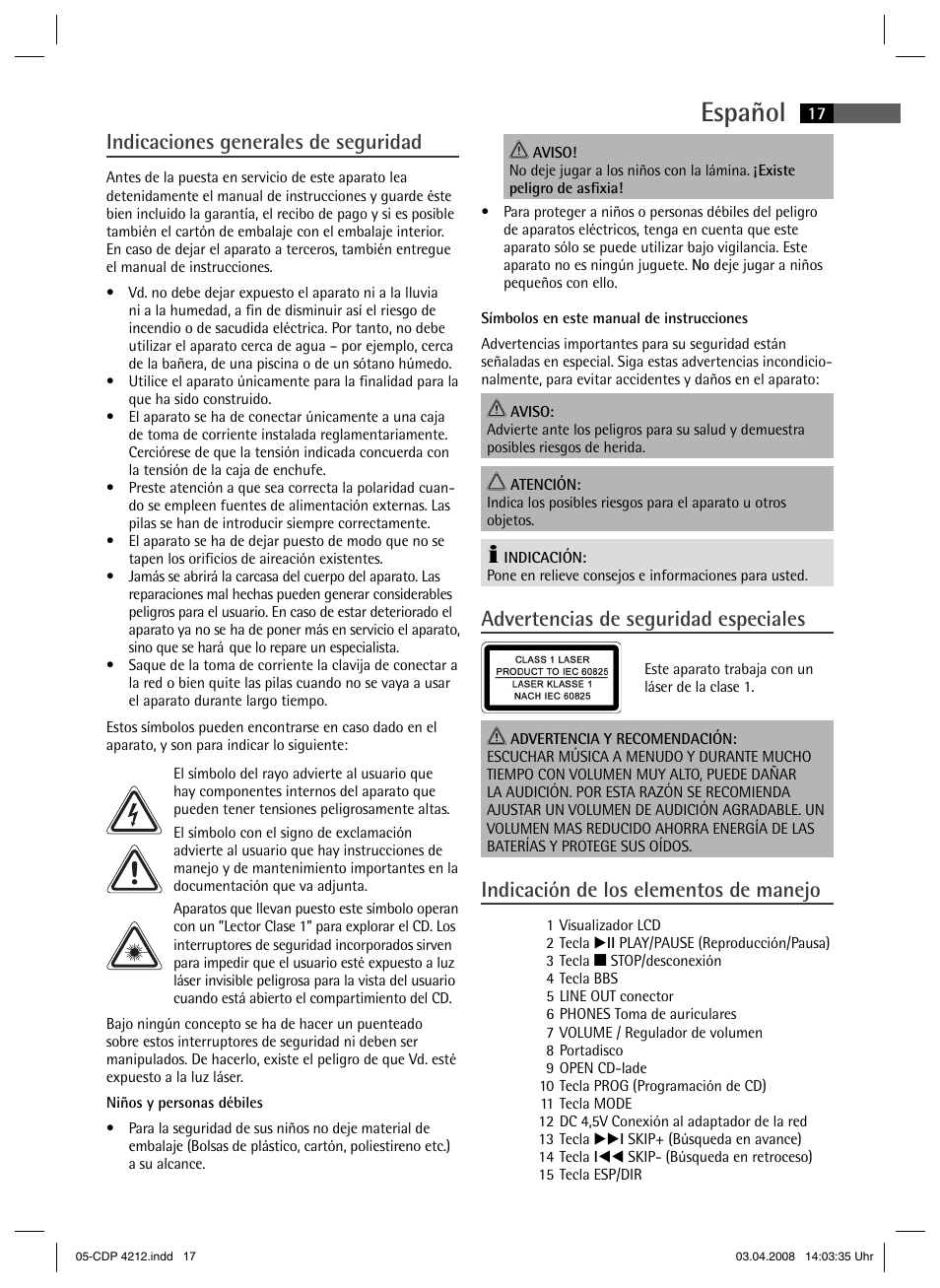 Español, Indicaciones generales de seguridad, Advertencias de seguridad especiales | Indicación de los elementos de manejo | AEG CDP 4212 User Manual | Page 17 / 54