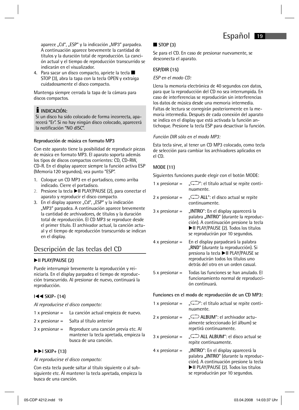 Español, Descripción de las teclas del cd | AEG CDP 4212 User Manual | Page 19 / 54