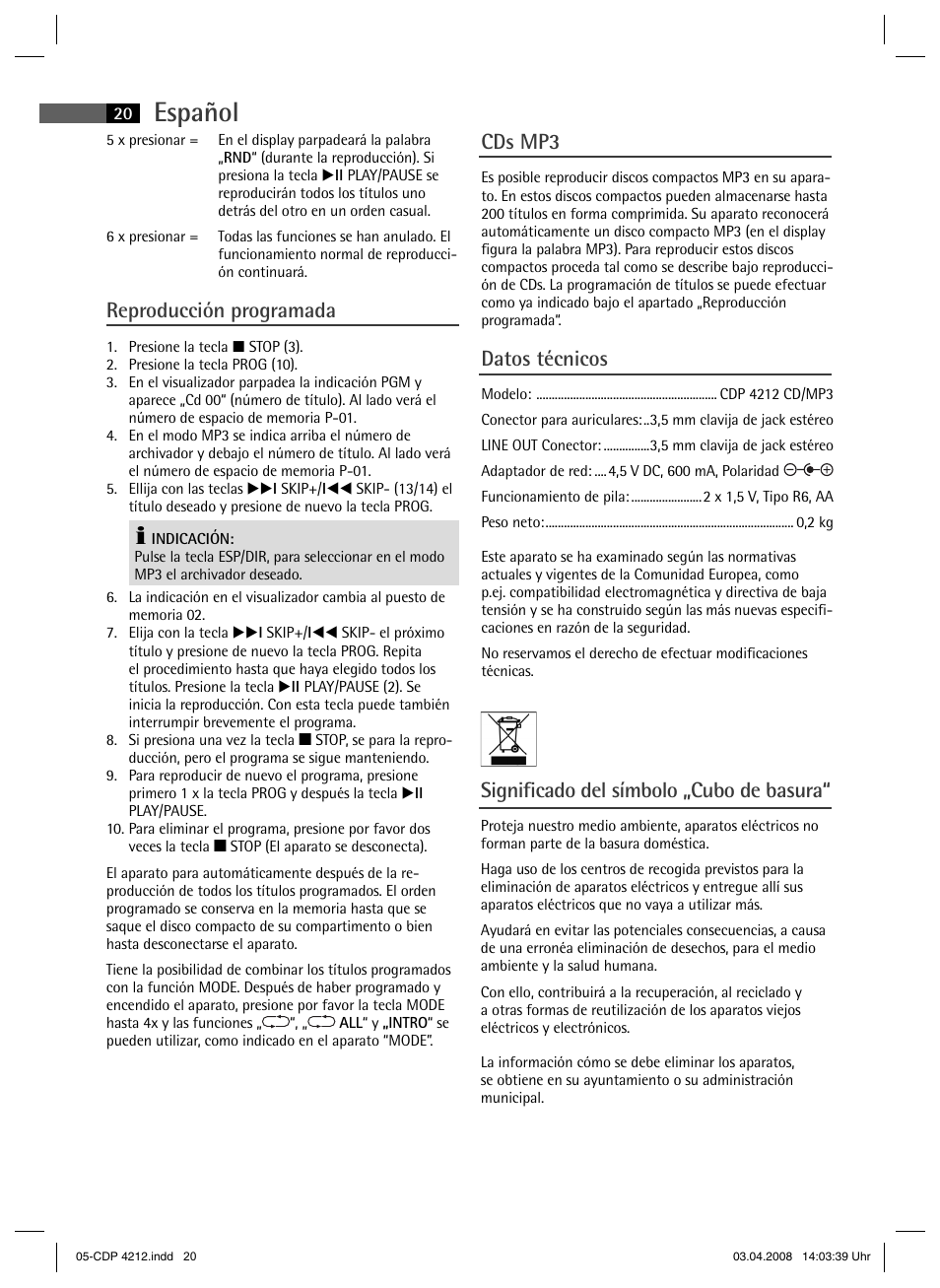 Español, Reproducción programada, Cds mp3 | Datos técnicos, Signifi cado del símbolo „cubo de basura | AEG CDP 4212 User Manual | Page 20 / 54