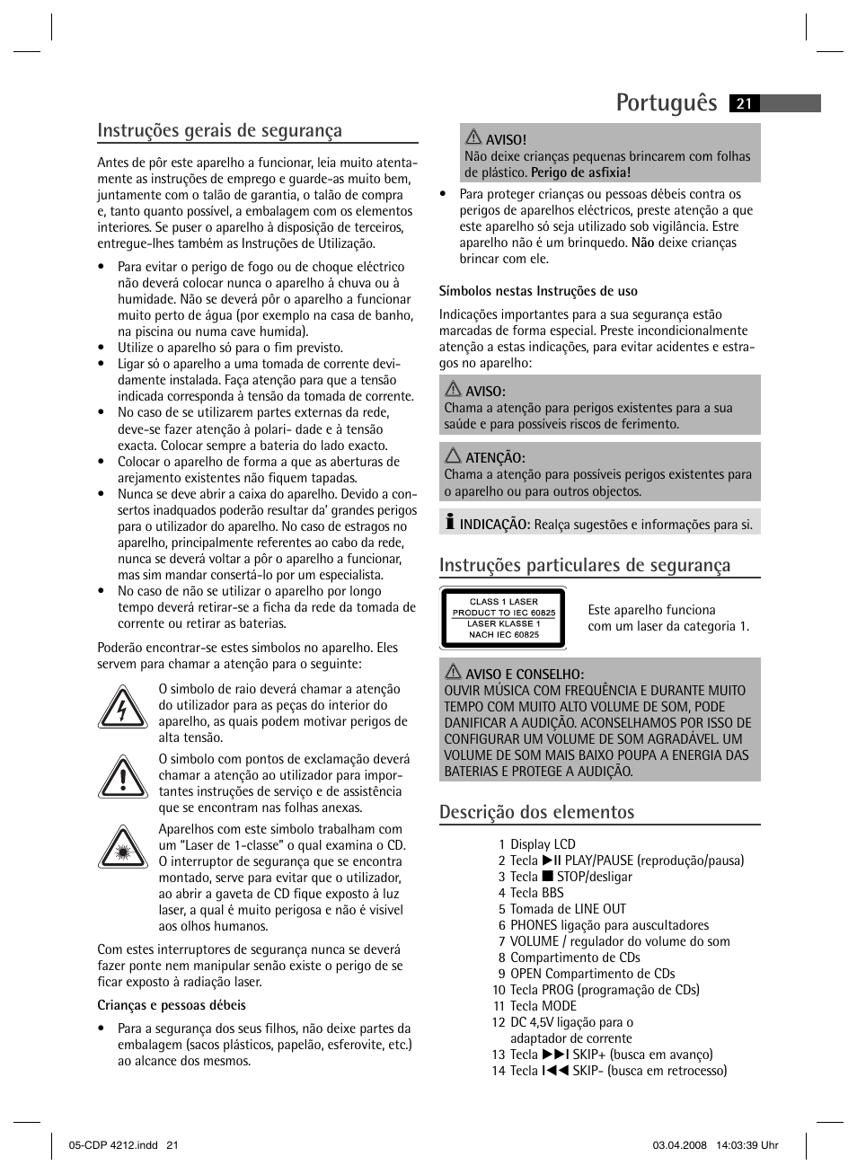 Português, Instruções gerais de segurança, Instruções particulares de segurança | Descrição dos elementos | AEG CDP 4212 User Manual | Page 21 / 54