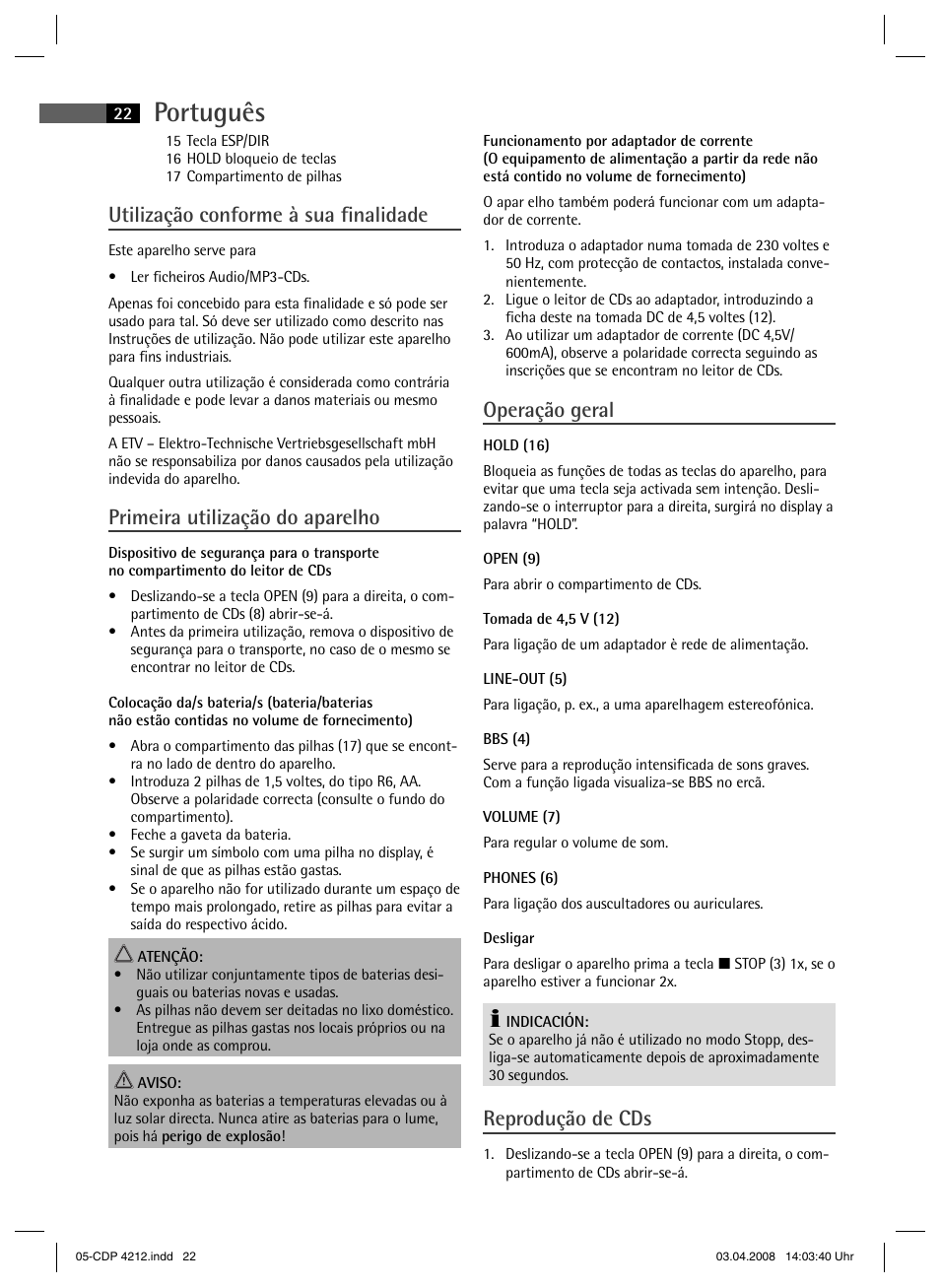 Português, Utilização conforme à sua fi nalidade, Primeira utilização do aparelho | Operação geral, Reprodução de cds | AEG CDP 4212 User Manual | Page 22 / 54