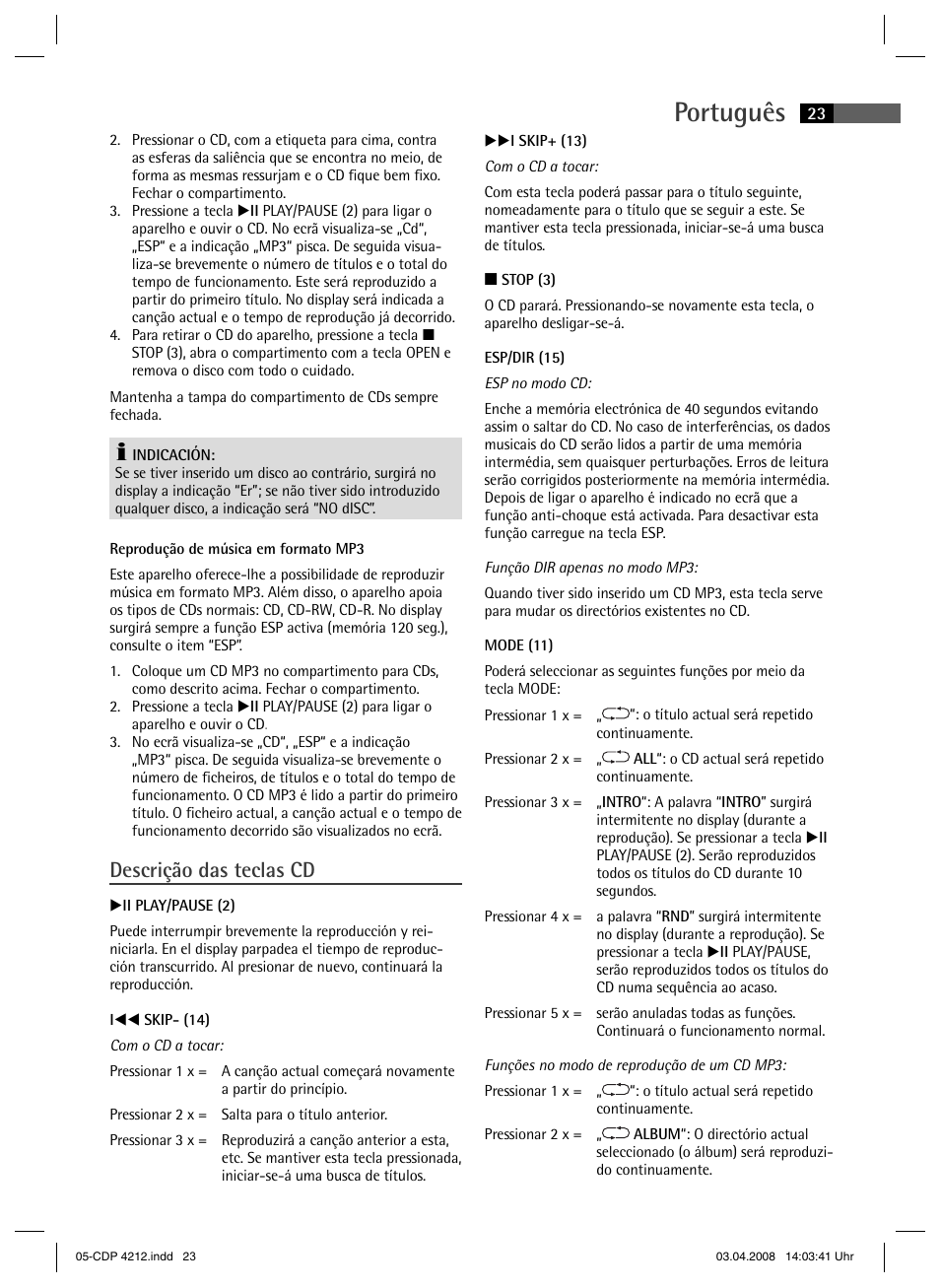Português, Descrição das teclas cd | AEG CDP 4212 User Manual | Page 23 / 54