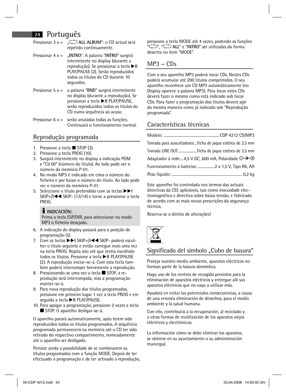 Português, Reprodução programada, Mp3 – cds | Características técnicas, Signifi cado del símbolo „cubo de basura | AEG CDP 4212 User Manual | Page 24 / 54