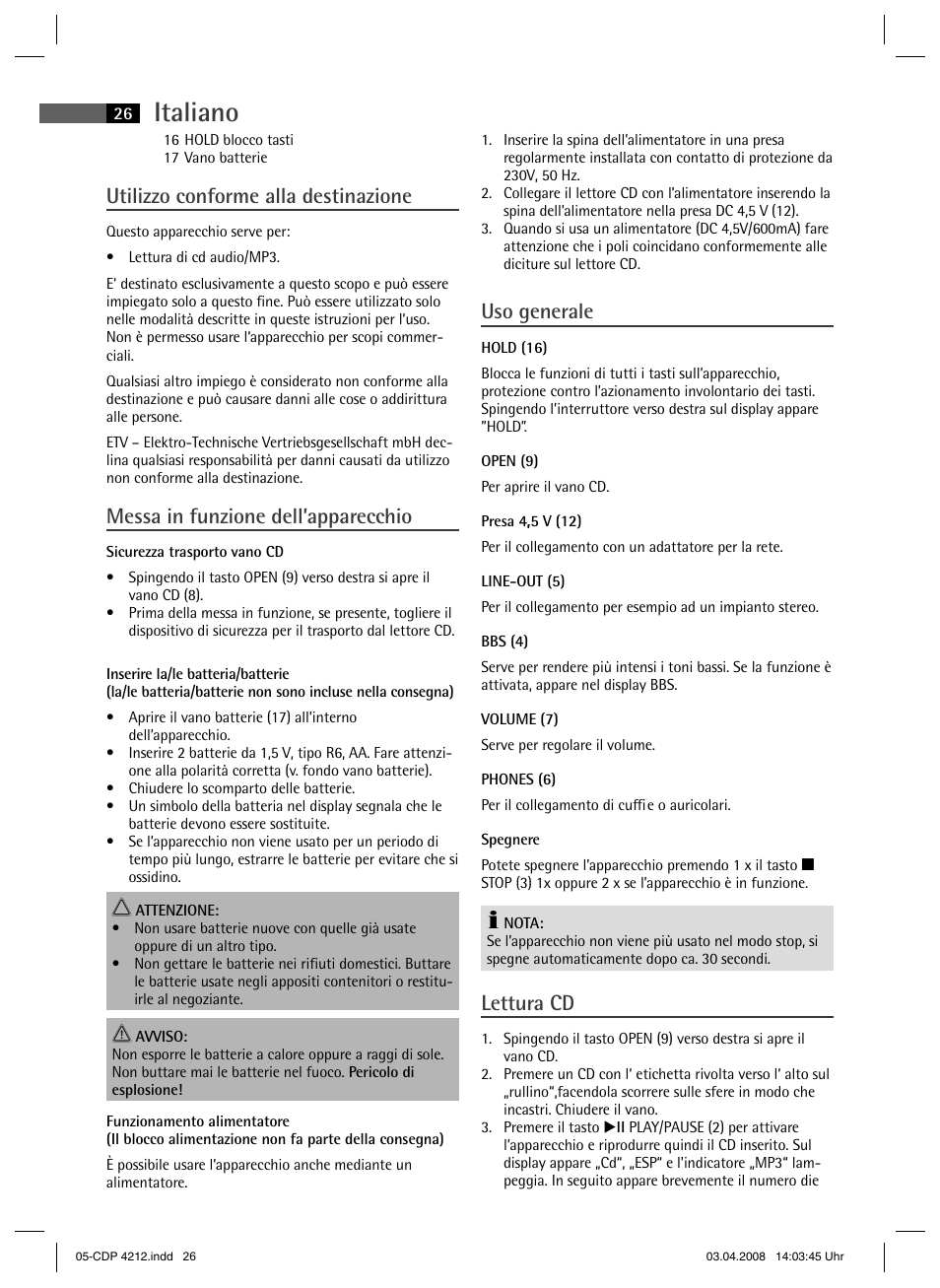 Italiano, Utilizzo conforme alla destinazione, Messa in funzione dell’apparecchio | Uso generale, Lettura cd | AEG CDP 4212 User Manual | Page 26 / 54