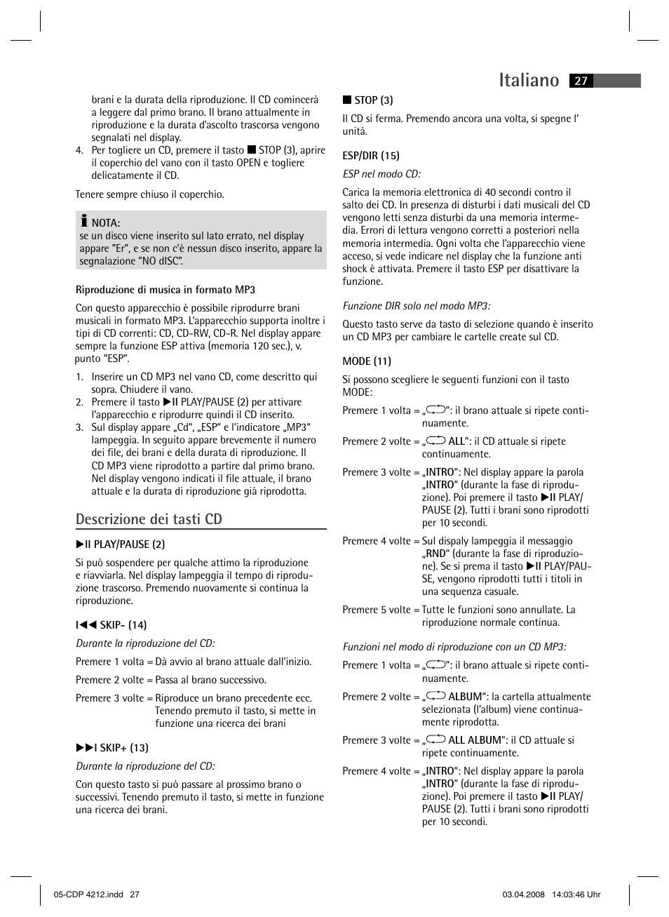 Italiano, Descrizione dei tasti cd | AEG CDP 4212 User Manual | Page 27 / 54