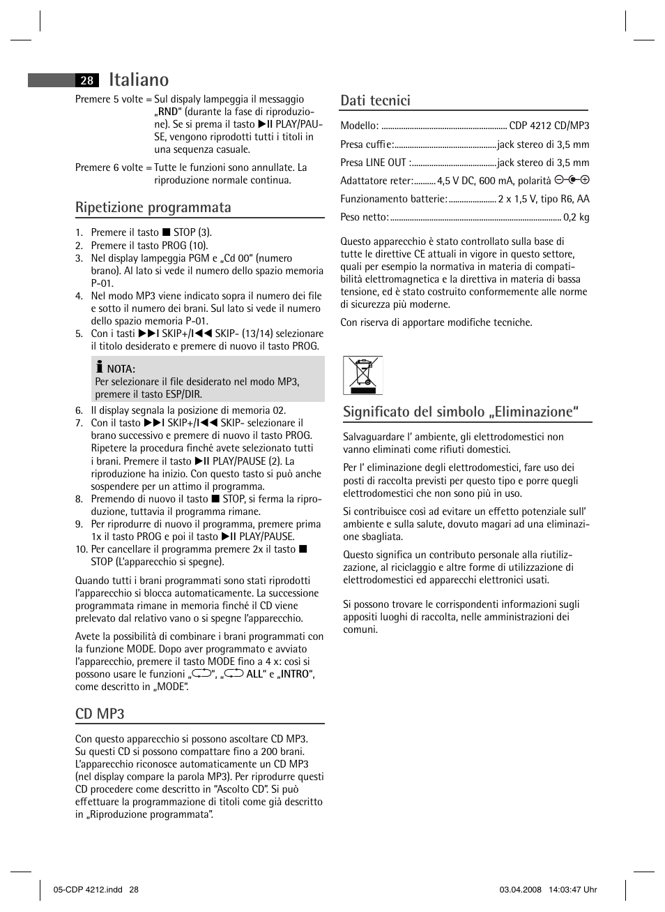 Italiano, Ripetizione programmata, Cd mp3 | Dati tecnici, Signifi cato del simbolo „eliminazione | AEG CDP 4212 User Manual | Page 28 / 54