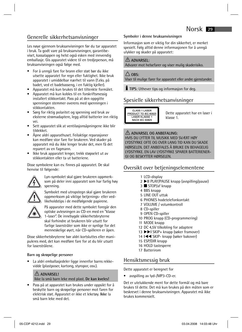 Norsk, Generelle sikkerhetsanvisninger, Spesielle sikkerhetsanvisninger | Oversikt over betjeningselementene, Hensiktsmessig bruk | AEG CDP 4212 User Manual | Page 29 / 54