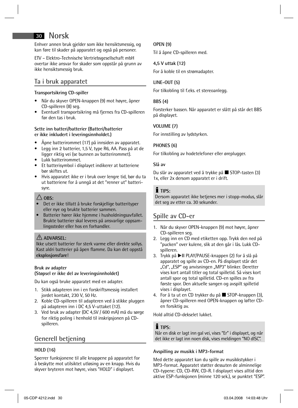 Norsk, Ta i bruk apparatet, Generell betjening | Spille av cd-er | AEG CDP 4212 User Manual | Page 30 / 54