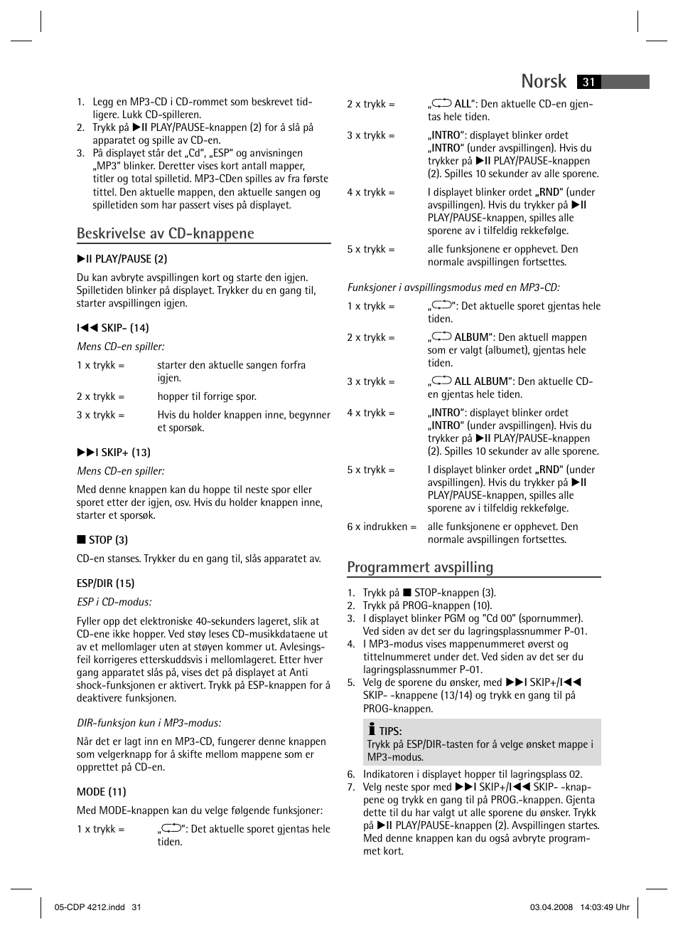 Norsk, Beskrivelse av cd-knappene, Programmert avspilling | AEG CDP 4212 User Manual | Page 31 / 54