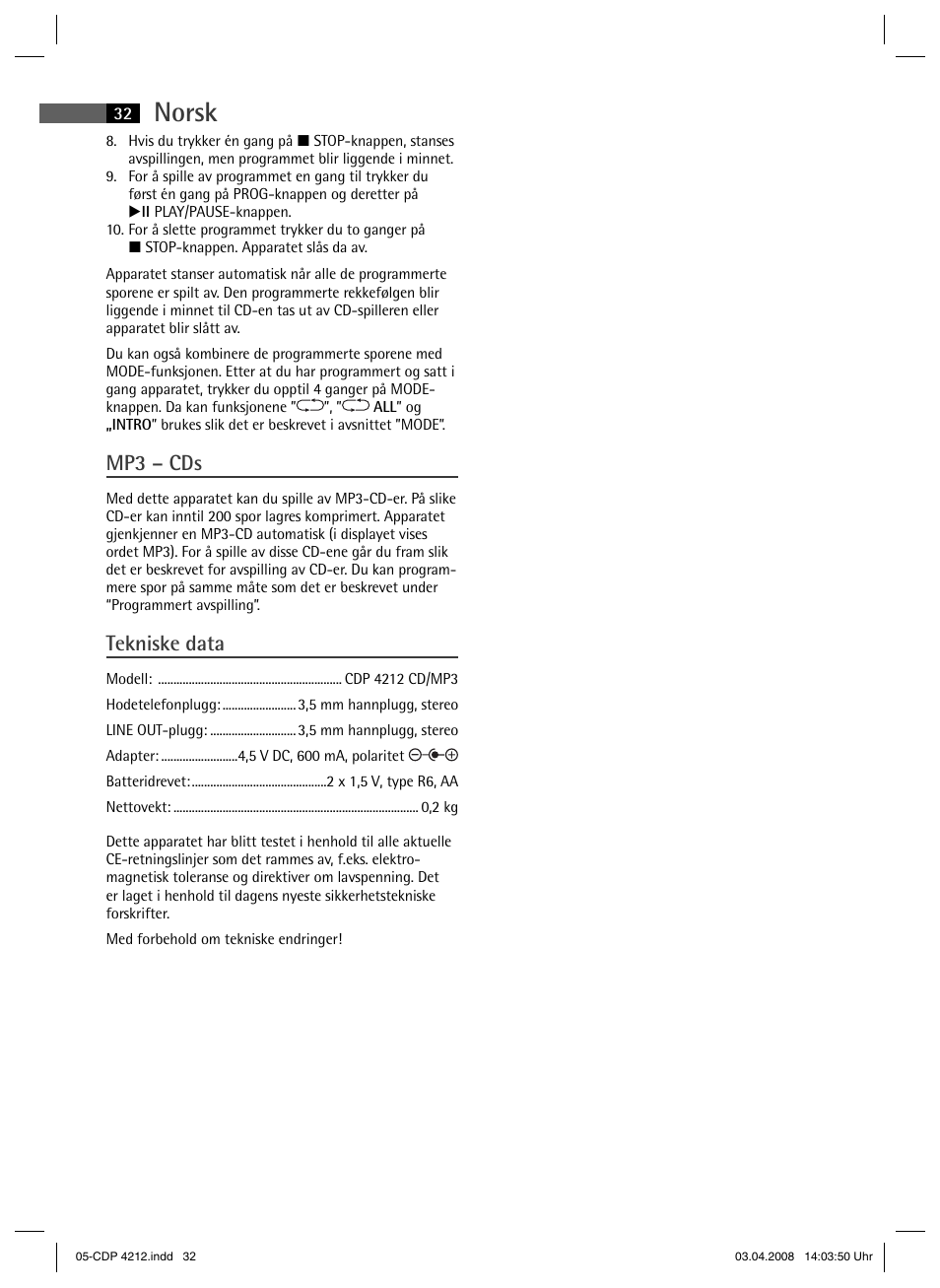 Norsk, Mp3 – cds, Tekniske data | AEG CDP 4212 User Manual | Page 32 / 54