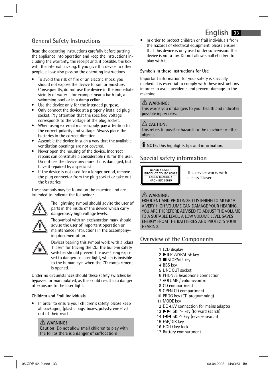 English, General safety instructions, Special safety information | Overview of the components | AEG CDP 4212 User Manual | Page 33 / 54