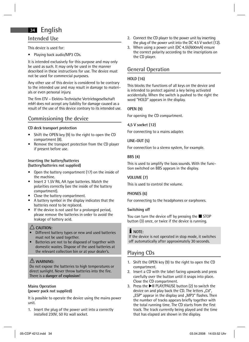 English, Intended use, Commissioning the device | General operation, Playing cds | AEG CDP 4212 User Manual | Page 34 / 54