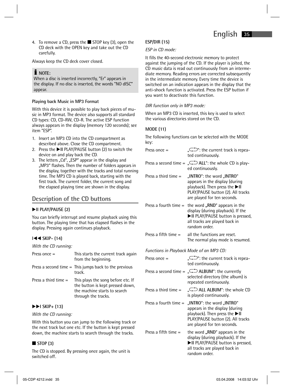 English, Description of the cd buttons | AEG CDP 4212 User Manual | Page 35 / 54