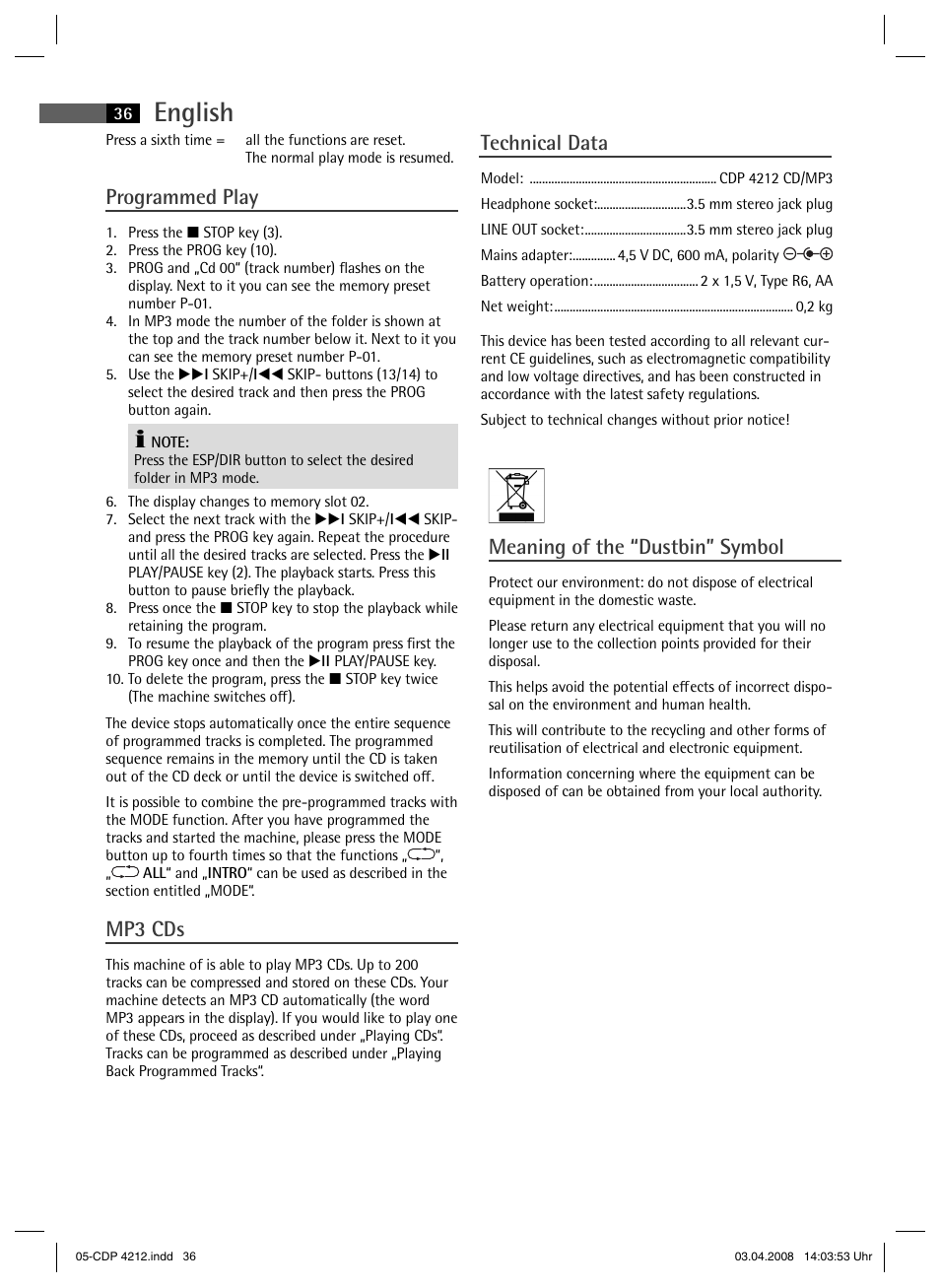 English, Programmed play, Mp3 cds | Technical data, Meaning of the “dustbin” symbol | AEG CDP 4212 User Manual | Page 36 / 54