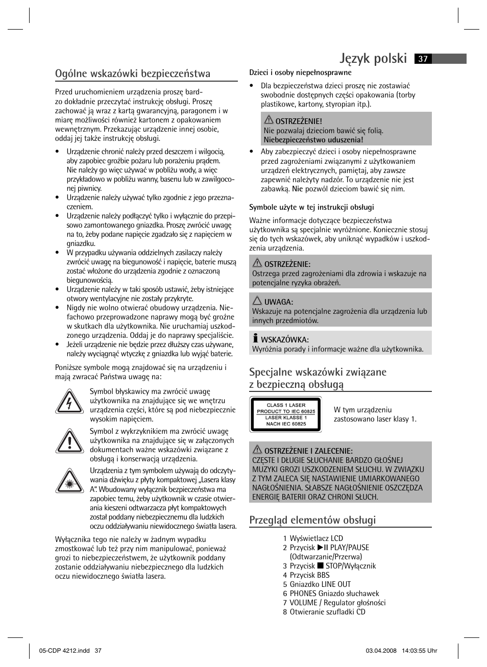 Język polski, Ogólne wskazówki bezpieczeństwa, Specjalne wskazówki związane z bezpieczną obsługą | Przegląd elementów obsługi | AEG CDP 4212 User Manual | Page 37 / 54