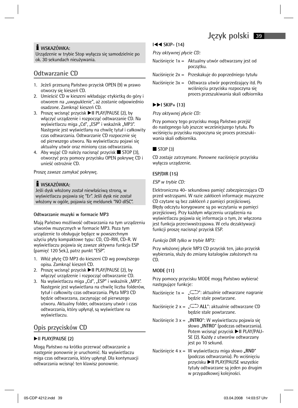 Język polski, Odtwarzanie cd, Opis przycisków cd | AEG CDP 4212 User Manual | Page 39 / 54