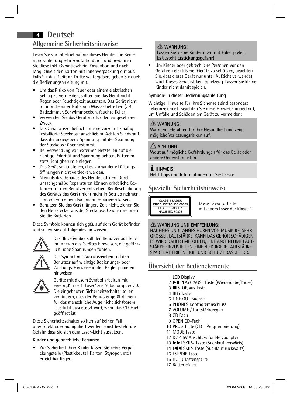 Deutsch, Allgemeine sicherheitshinweise, Spezielle sicherheitshinweise | Übersicht der bedienelemente | AEG CDP 4212 User Manual | Page 4 / 54