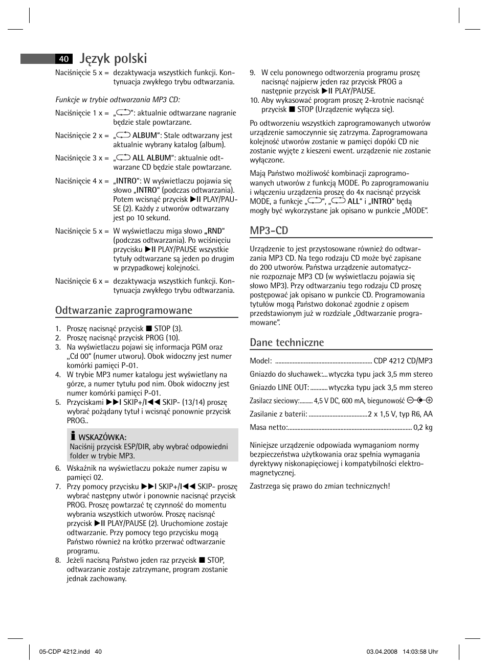 Język polski, Odtwarzanie zaprogramowane, Mp3-cd | Dane techniczne | AEG CDP 4212 User Manual | Page 40 / 54