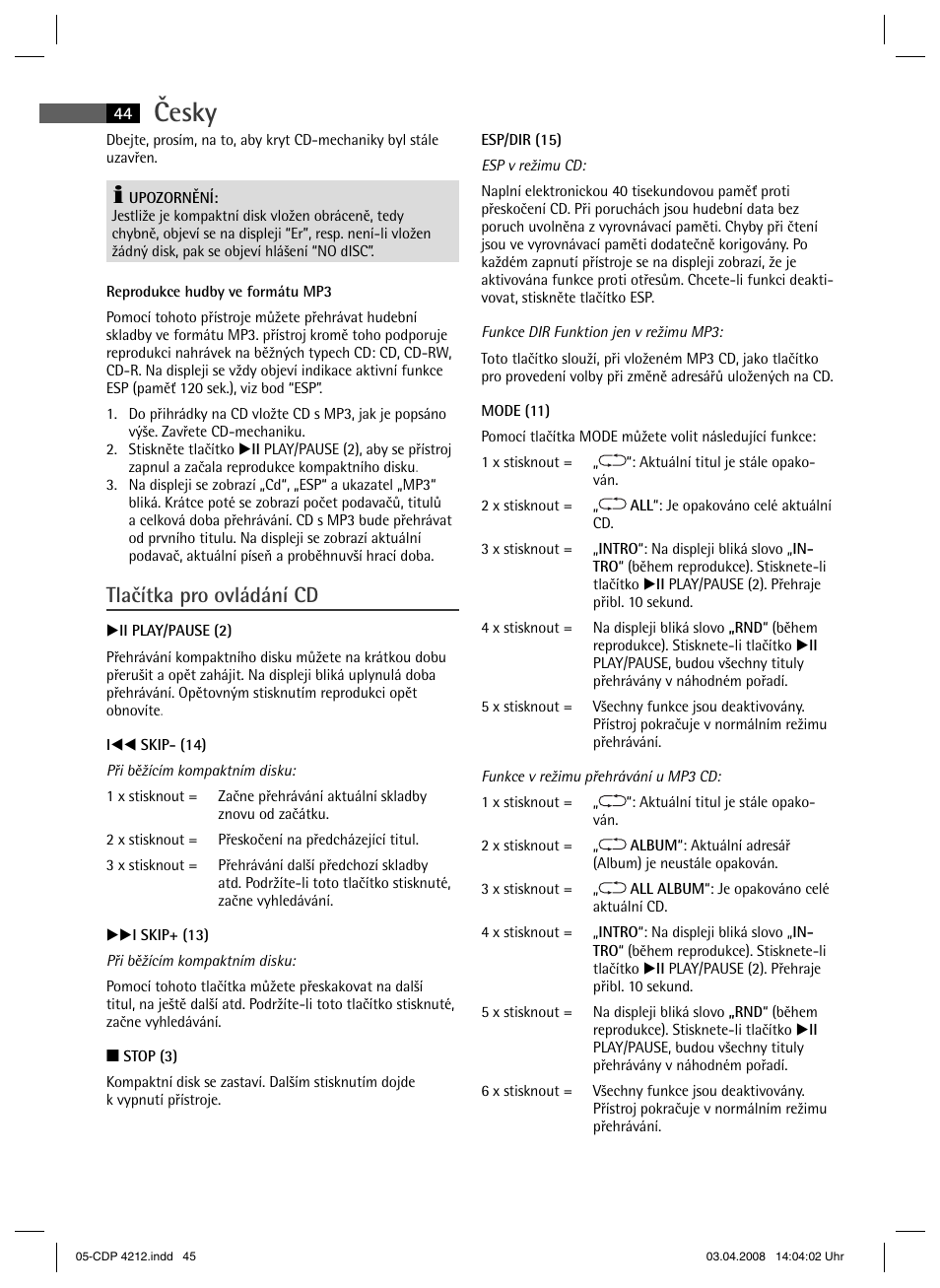 Česky, Tlačítka pro ovládání cd | AEG CDP 4212 User Manual | Page 44 / 54