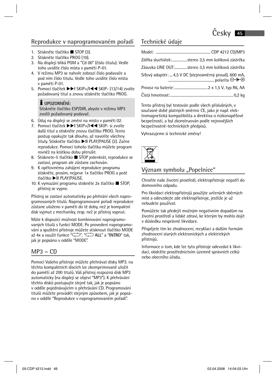 Česky, Reprodukce v naprogramovaném pořadí, Mp3 – cd | Technické údaje, Význam symbolu „popelnice | AEG CDP 4212 User Manual | Page 45 / 54