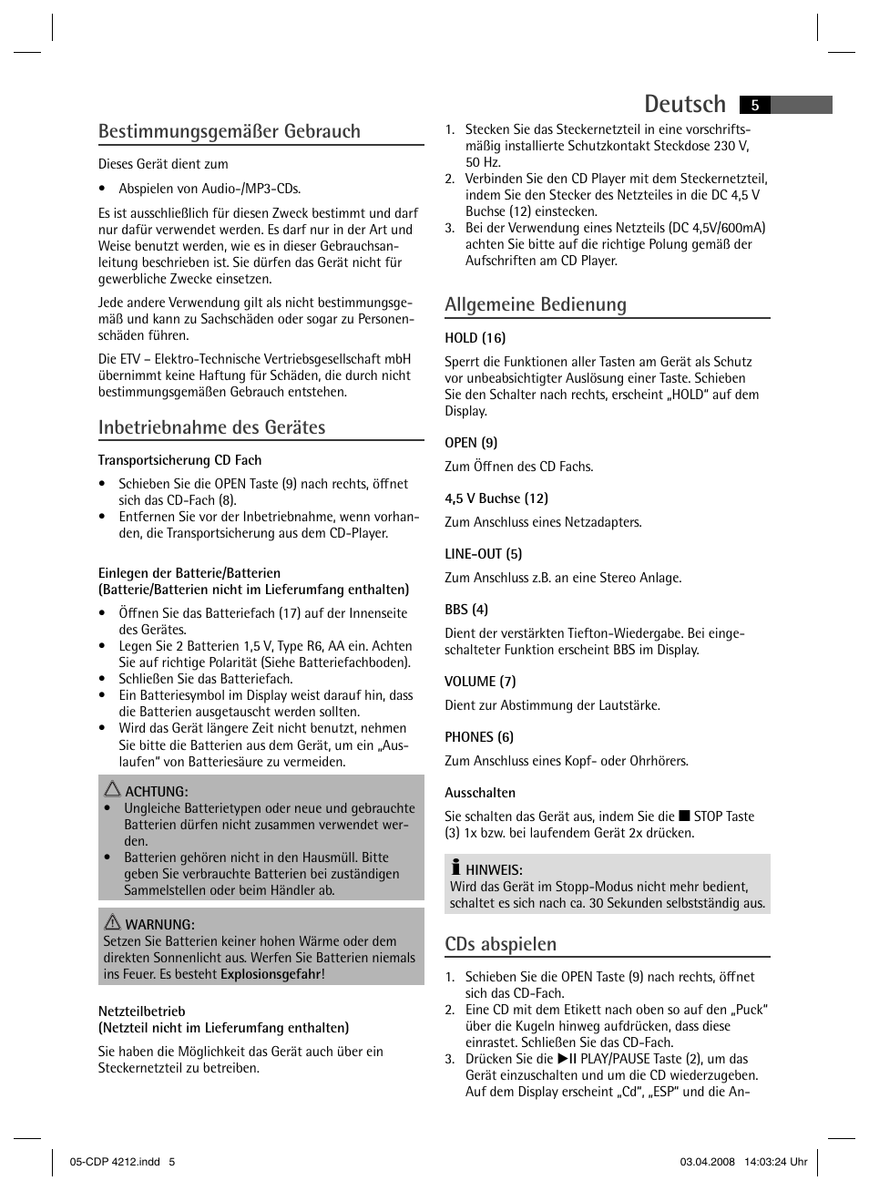 Deutsch, Bestimmungsgemäßer gebrauch, Inbetriebnahme des gerätes | Allgemeine bedienung, Cds abspielen | AEG CDP 4212 User Manual | Page 5 / 54