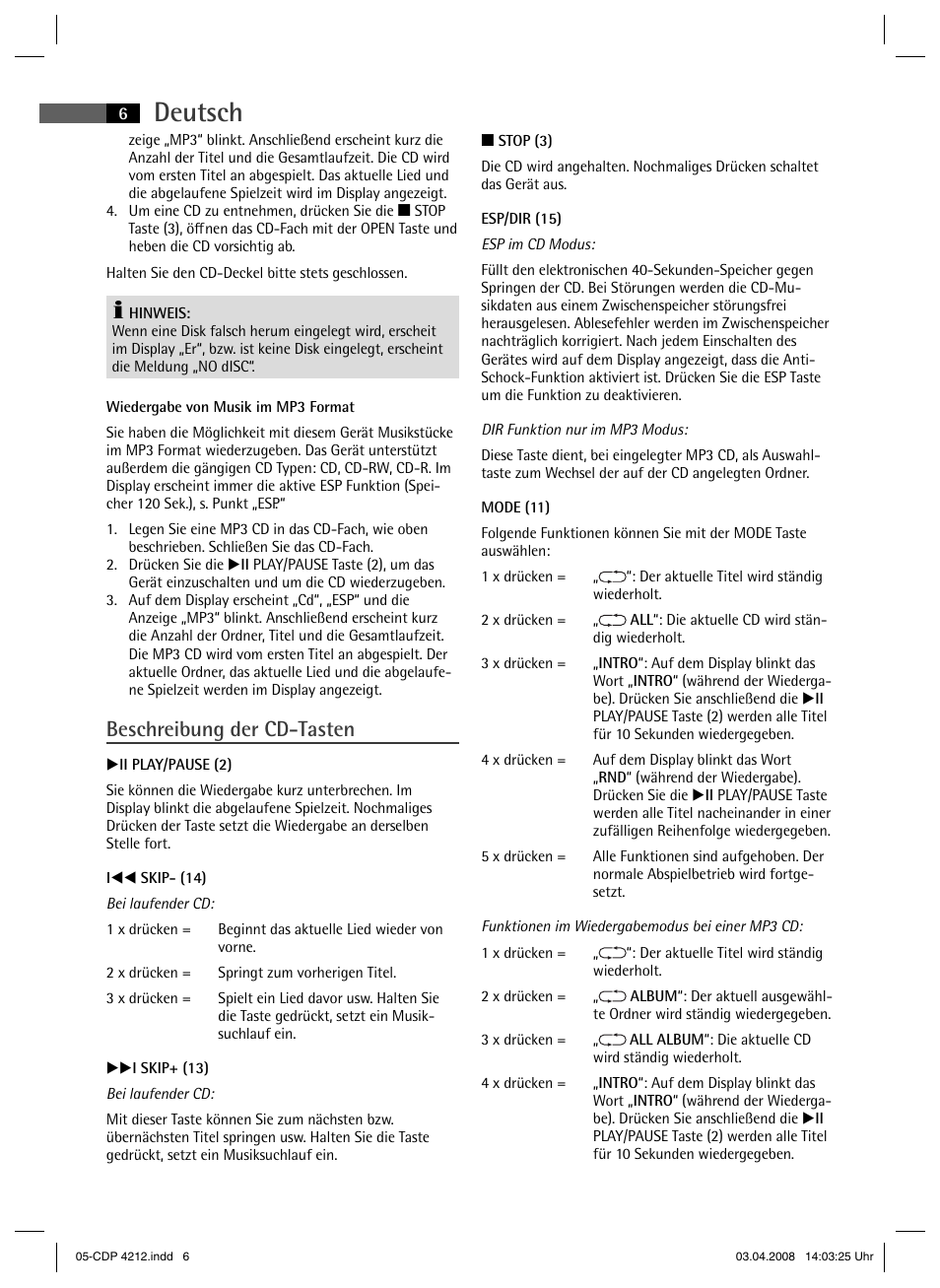 Deutsch, Beschreibung der cd-tasten | AEG CDP 4212 User Manual | Page 6 / 54