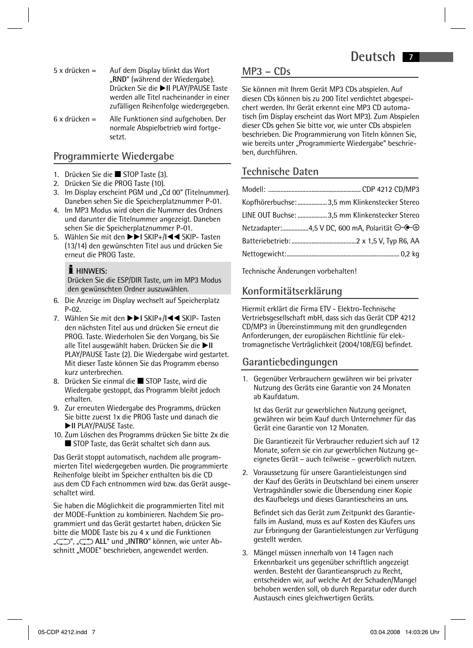 Deutsch, Programmierte wiedergabe, Mp3 – cds | Technische daten, Konformitätserklärung, Garantiebedingungen | AEG CDP 4212 User Manual | Page 7 / 54