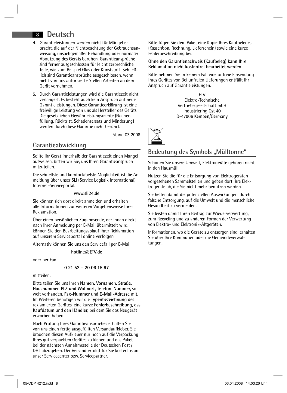 Deutsch, Bedeutung des symbols „mülltonne, Garantieabwicklung | AEG CDP 4212 User Manual | Page 8 / 54