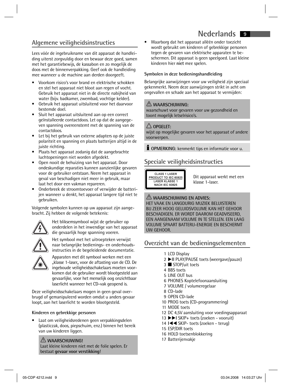 Nederlands, Algemene veiligheidsinstructies, Speciale veiligheidsinstructies | Overzicht van de bedieningselementen | AEG CDP 4212 User Manual | Page 9 / 54