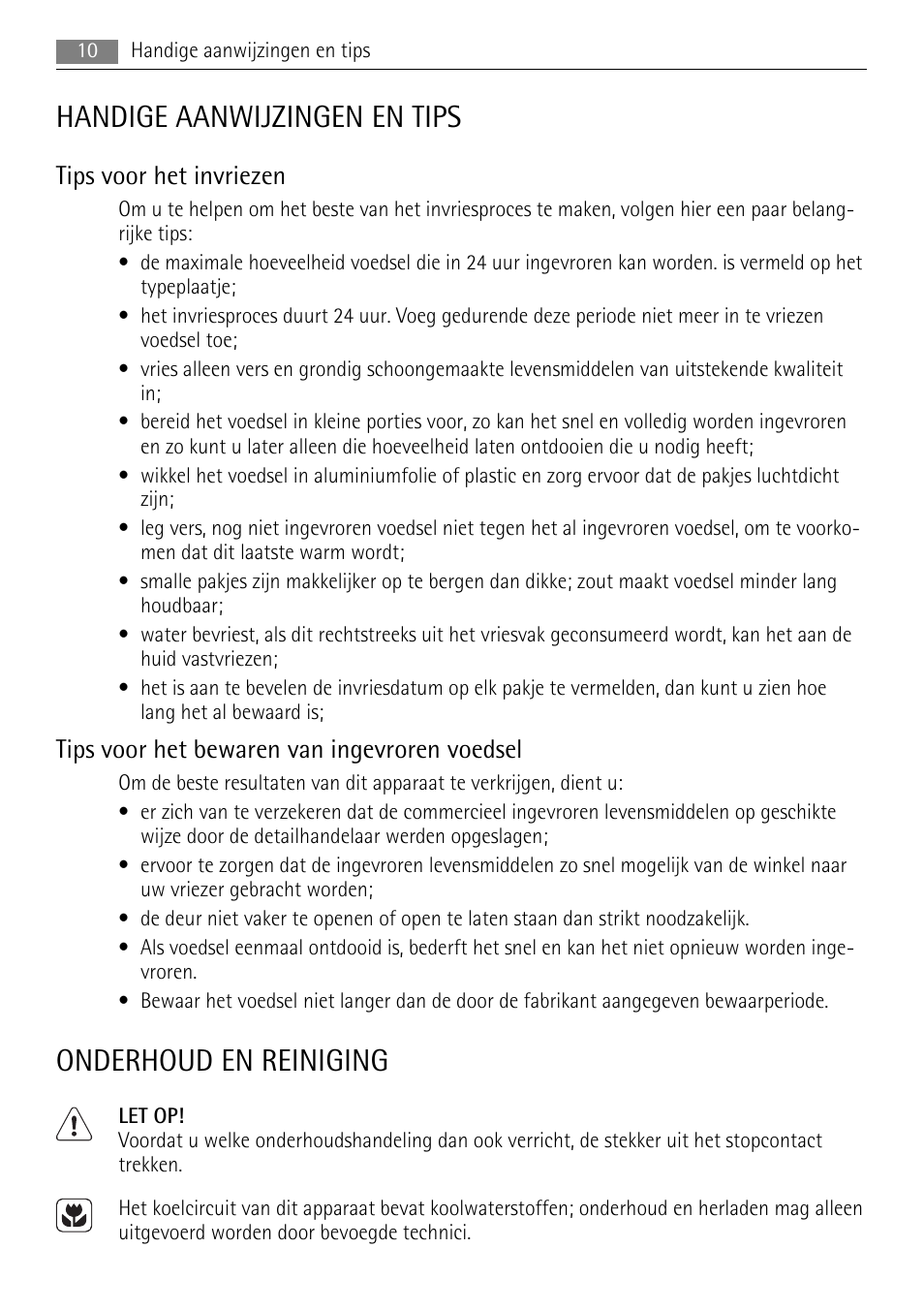 Handige aanwijzingen en tips, Onderhoud en reiniging, Tips voor het invriezen | Tips voor het bewaren van ingevroren voedsel | AEG AGS57200S0 User Manual | Page 10 / 84