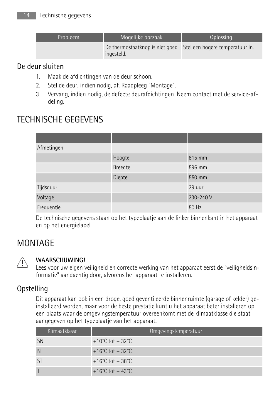 Technische gegevens, Montage, De deur sluiten | Opstelling | AEG AGS57200S0 User Manual | Page 14 / 84